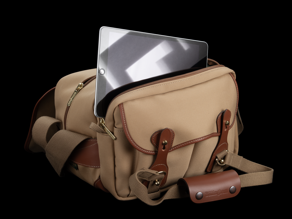 Billingham 225 MKII Camera & Tablet Bag - Khaki Canvas / Tan Leather - With an iPad in the full length front zip pocket.