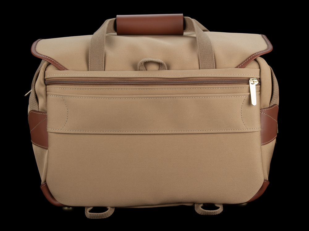 Billingham 335 MKII Camera & Laptop Bag - Khaki Canvas / Tan Leather - Rear view with luggage trolley strap.