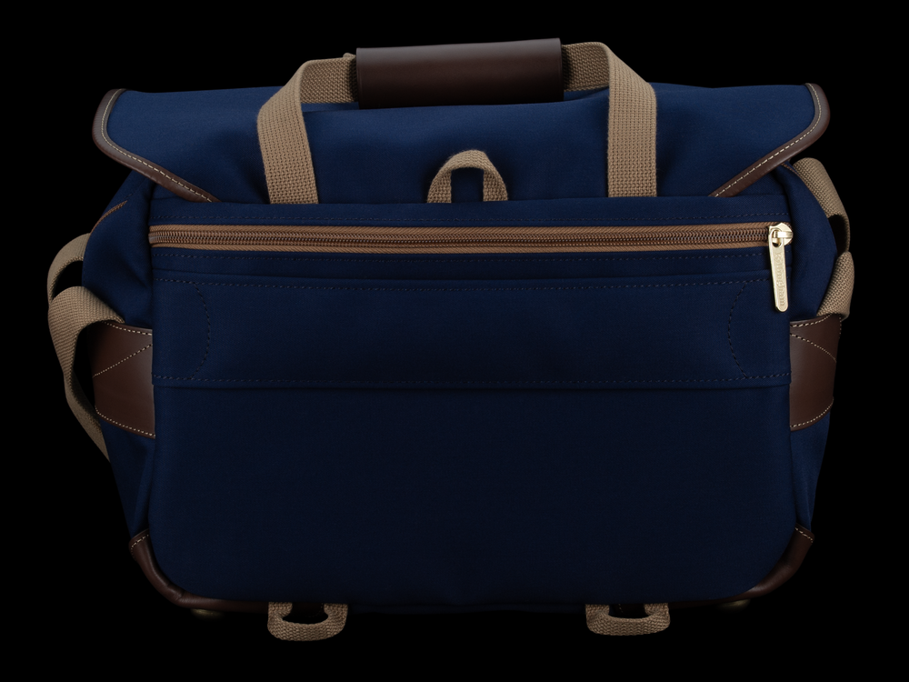 Billingham 335 MKII Camera & Laptop Bag - Navy Canvas / Chocolate Leather - Rear view with luggage trolley strap.