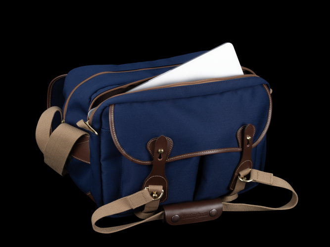 Billingham 335 MKII Camera & Laptop Bag - Navy Canvas / Chocolate Leather - With a 13