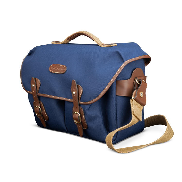 Billingham Hadley One Camera/Laptop Bag Navy FibreNyte Chocolate Leather Front Angle