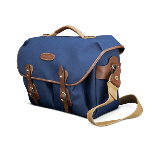 Billingham Hadley One Camera/Laptop Bag Navy FibreNyte Chocolate Leather Front Angle