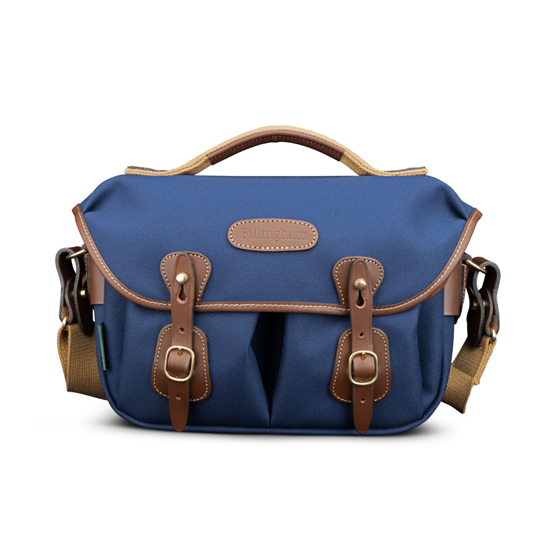 Billingham Hadley Small Pro Camera Bag Navy FibreNyte Chocolate Leather Front On Shot