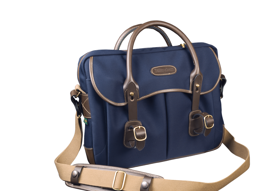 Billingham Thomas Briefcase & Laptop Bag - Navy Canvas / Chocolate Leather